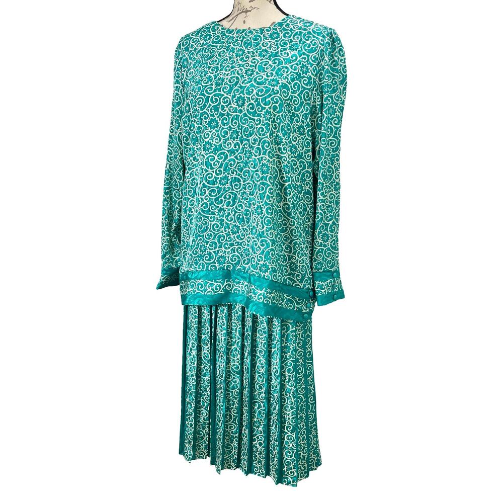 Vintage 90s Satin Pleated Midi Skirt Set Top Act Teal Floral Patterned - Size 16